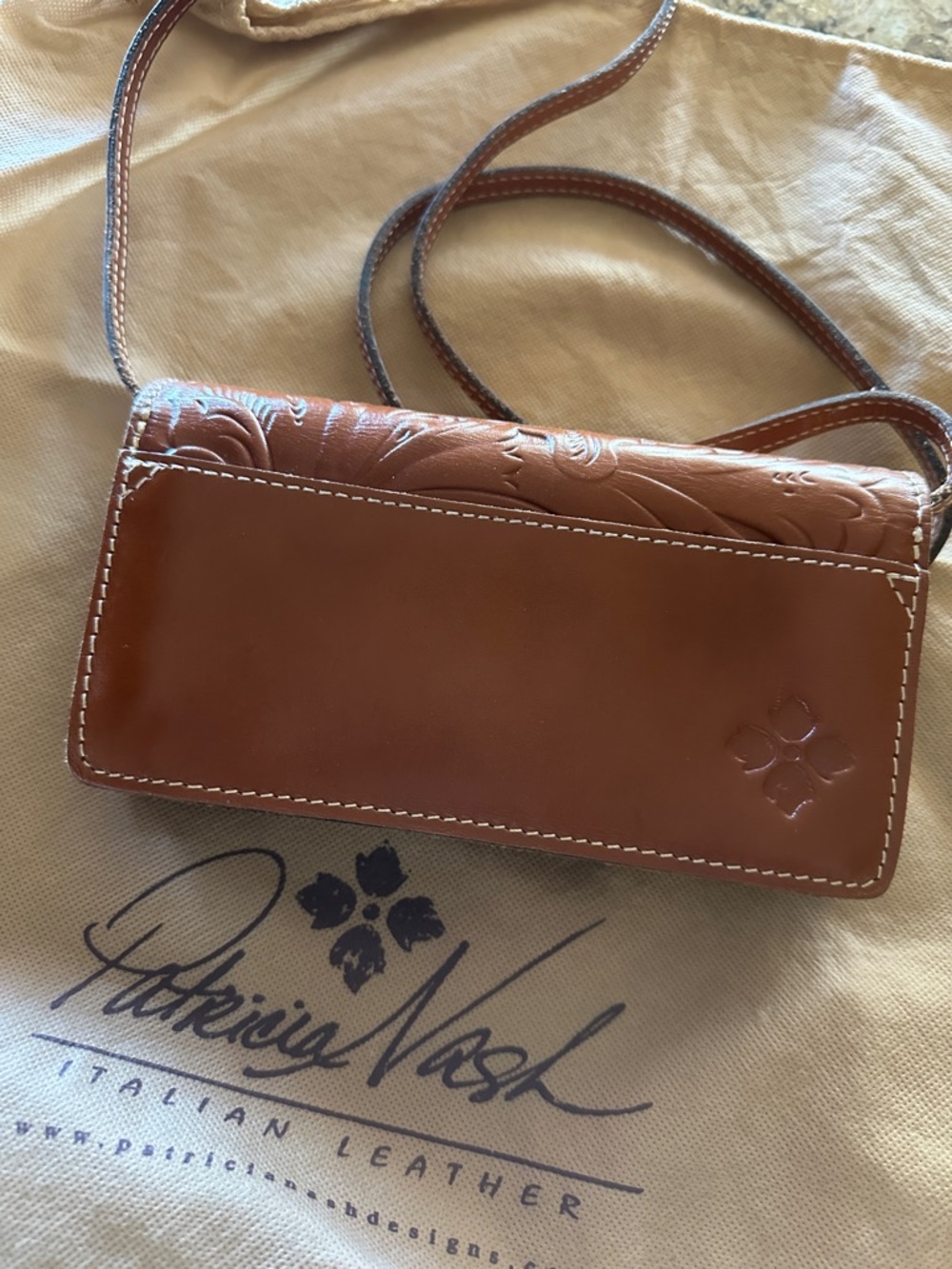 Patricia Nash Cognac Tooled Leather Crossbody Wallet sized bag  large dust bag